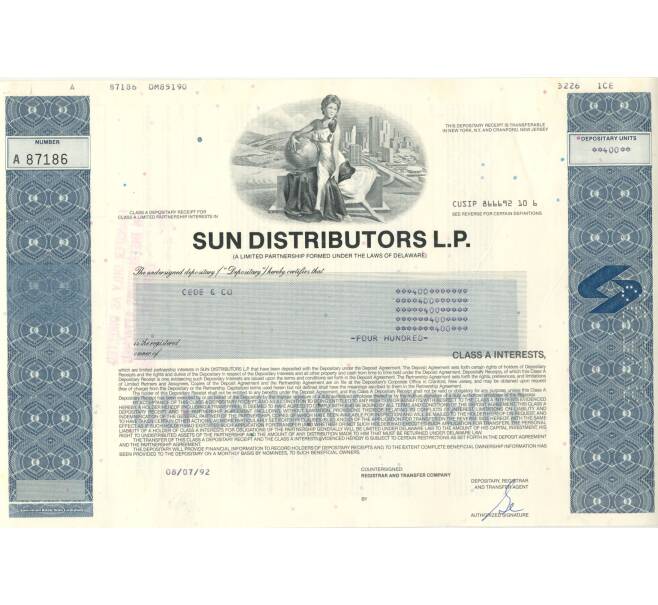 Облигация (сертификат на 400 акций) 1992 года США (Артикул B2-6475)