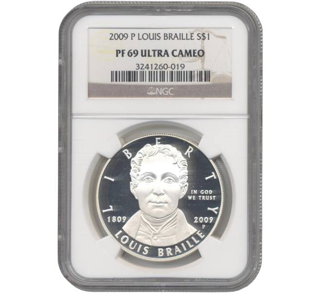 Монета 1 доллар 2009 года Р США «200 лет со дня рождения Луи Брайля» В слабе NGC (PF69 ULTRA CAMEO) (Артикул M2-53053)