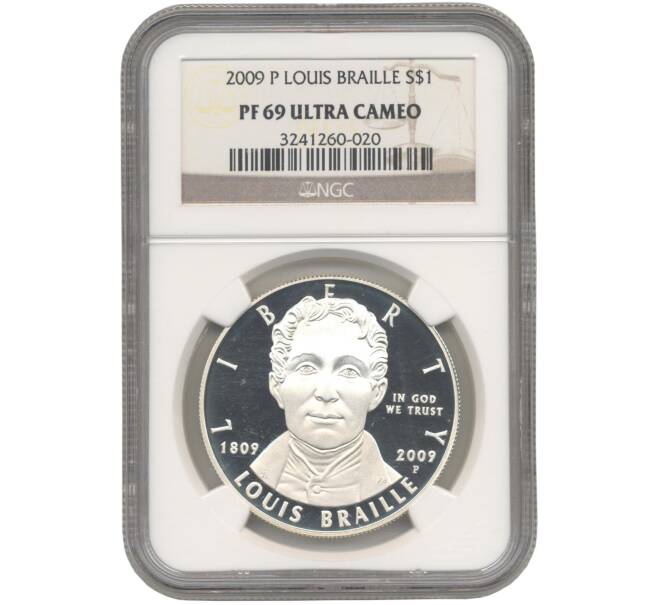 Монета 1 доллар 2009 года Р США «200 лет со дня рождения Луи Брайля» В слабе NGC (PF69 ULTRA CAMEO) (Артикул M2-53057)