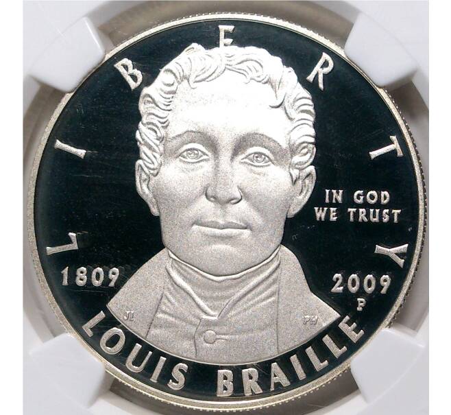 Монета 1 доллар 2009 года Р США «200 лет со дня рождения Луи Брайля» В слабе NGC (PF69 ULTRA CAMEO) (Артикул M2-53057)