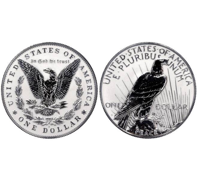 Набор из 2 монет 1 доллар 2023 года S США «Мирный доллар и доллар Моргана» (Reverse proof) (Артикул M3-1386)