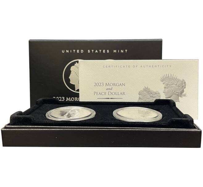 Набор из 2 монет 1 доллар 2023 года S США «Мирный доллар и доллар Моргана» (Reverse proof) (Артикул M3-1386)