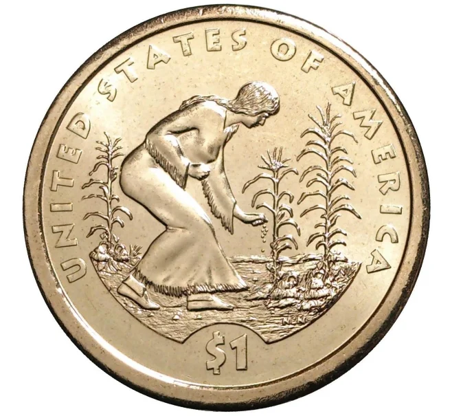 Монета 1 доллар 2009 года P США «Коренные американцы (Сакагавея) — Коренная американка сажает кукурузу» (Артикул M2-0926)