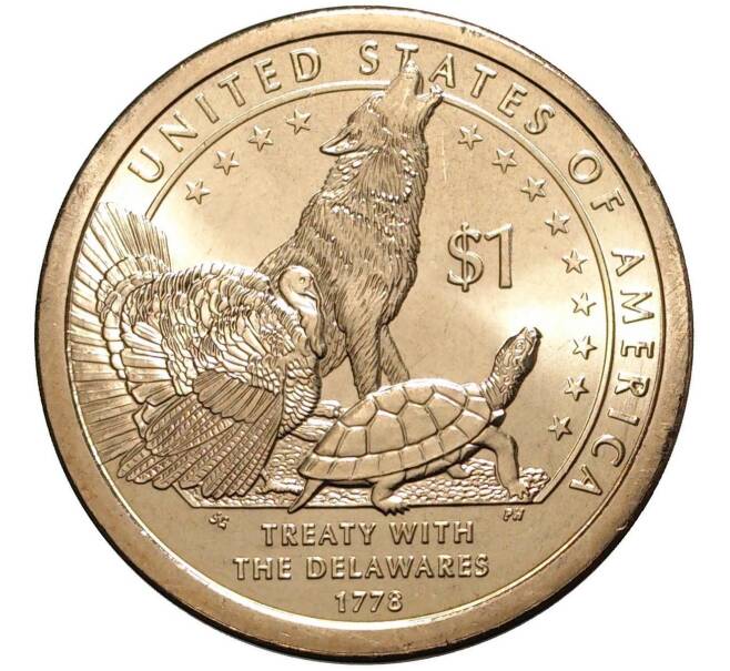 1 доллар 2013 года Р США «Коренные американцы (Сакагавея) — Договор с Делаварами» (Артикул M2-0930)