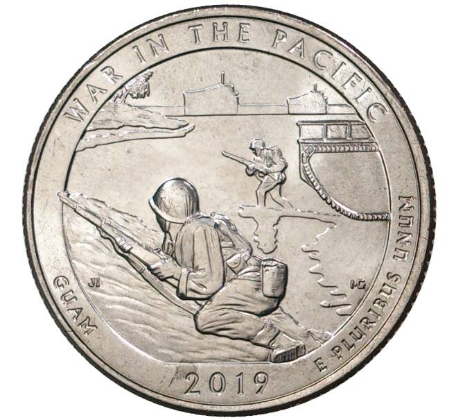 Монета 25 центов (1/4 доллара) 2019 года P США «Национальные парки — №48 Национальный монумент воинской доблести в Тихом океане» (Артикул M2-31057)