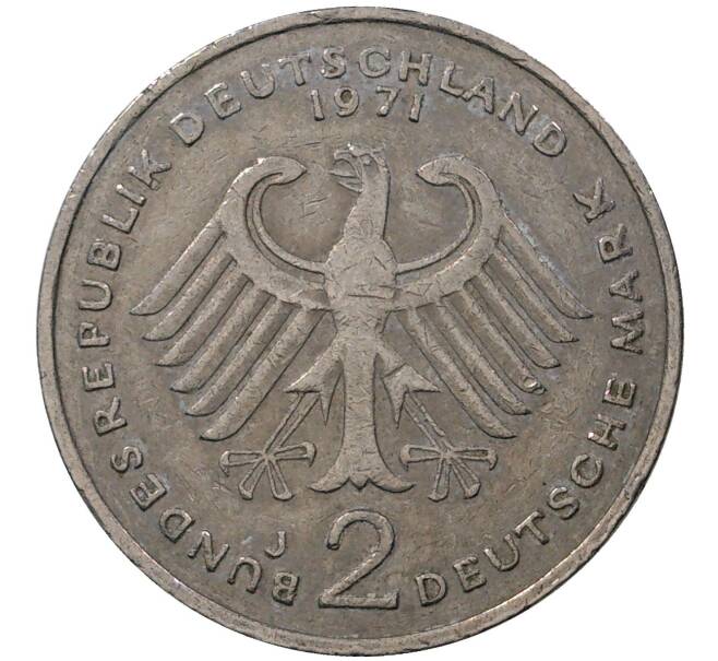 Монета 2 марки 1971 года J Западная Германия (ФРГ) «Конрад Аденауэр» (Артикул M2-45169)