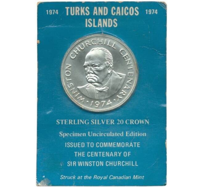 Монета 20 крон 1974 года Теркс и Кайкос «100 лет со дня рождения Уинстона Черчилля» (Артикул M2-45766)