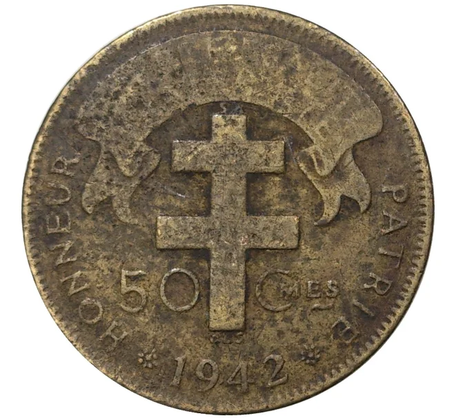 Монета 50 сантимов 1942 года Французская Экваториальная Африка (Артикул K27-0526)