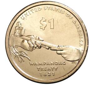 1 доллар 2011 года D США «Коренные американцы (Сакагавея) — Договор с индейцами племени Вампаноаги (Трубка мира)»