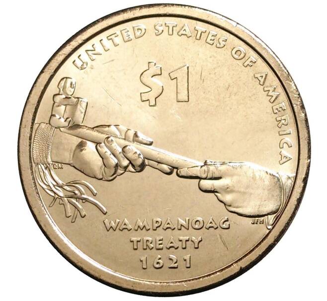 1 доллар 2011 года D США «Коренные американцы (Сакагавея) — Договор с индейцами племени Вампаноаги (Трубка мира)» (Артикул M2-0935)