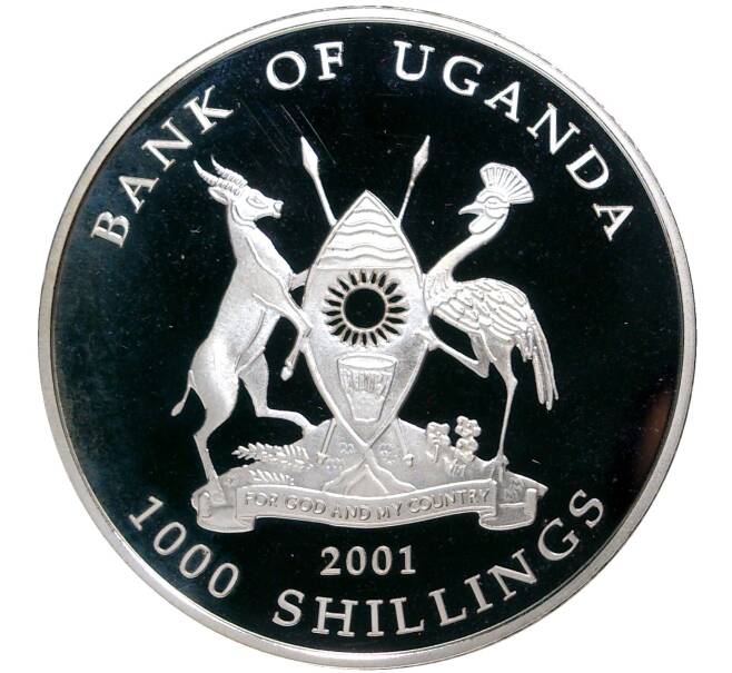 Монета 1000 шиллингов 2001 года Уганда «Чемпионат мира по футболу 2002 в Корее и Японии» (Артикул M2-49272)