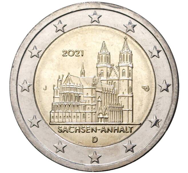 Монета 2 евро 2021 года J Германия «Федеральные земли Германии — Саксония-Анхальт (Магдебургский собор)» (Артикул M2-50098)