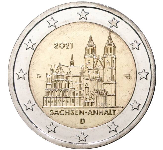 Монета 2 евро 2021 года G Германия «Федеральные земли Германии — Саксония-Анхальт (Магдебургский собор)» (Артикул M2-50099)