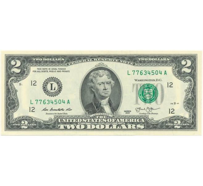 Банкнота 2 доллара 2013 года США (Артикул B2-6720)