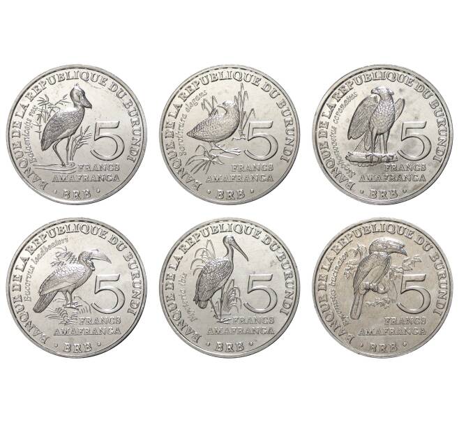 Набор из 6 монет 5 франков 2014 года Бурунди «Птицы» (Артикул M3-0099)