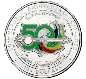 100 долларов 2020 года Гайана «50 лет Кооперативной Республике Гайана»