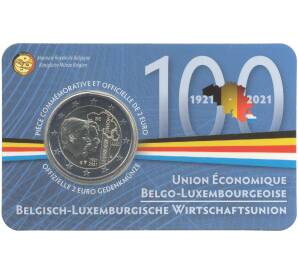 2 евро 2021 года Бельгия «100 лет Бельгийско-Люксембургскому экономическому союзу» (Текст на лицевой стороне блистера на французском и немецком)