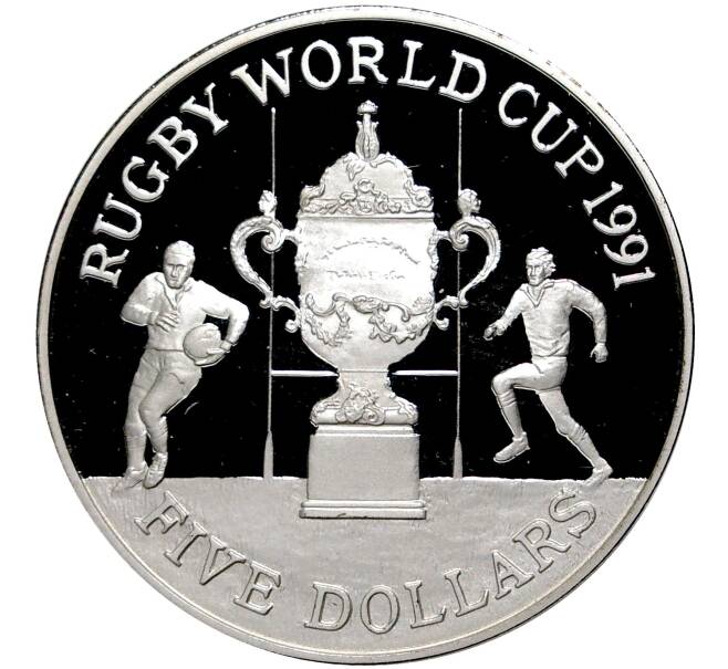 Монета 5 долларов 1991 года Новая Зеландия «Чемпионат мира по регби» (Артикул M2-52364)