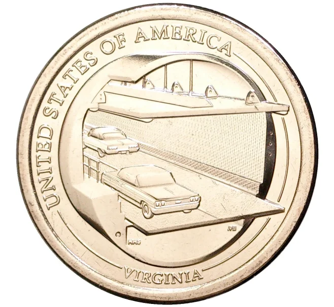 Монета 1 доллар 2021 года D США «Американские инновации — Мост-тоннель через Чесапикский залив» (Артикул M2-52651)
