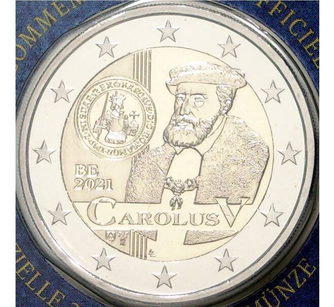 Монета 2 евро 2021 года Бельгия «500 лет выпуску гульдена Карла V» (текст на л.ст. блистера на французском и немецком) (Артикул M2-53004)