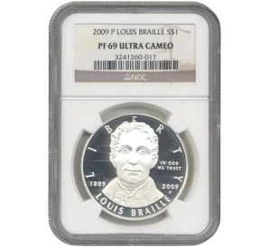 1 доллар 2009 года Р США «200 лет со дня рождения Луи Брайля» В слабе NGC (PF69 ULTRA CAMEO)