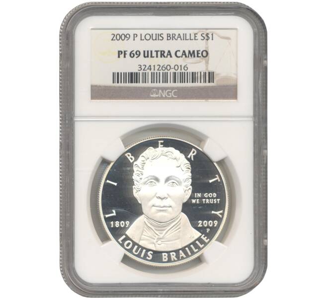 Монета 1 доллар 2009 года Р США «200 лет со дня рождения Луи Брайля» В слабе NGC (PF69 ULTRA CAMEO) (Артикул M2-53058)