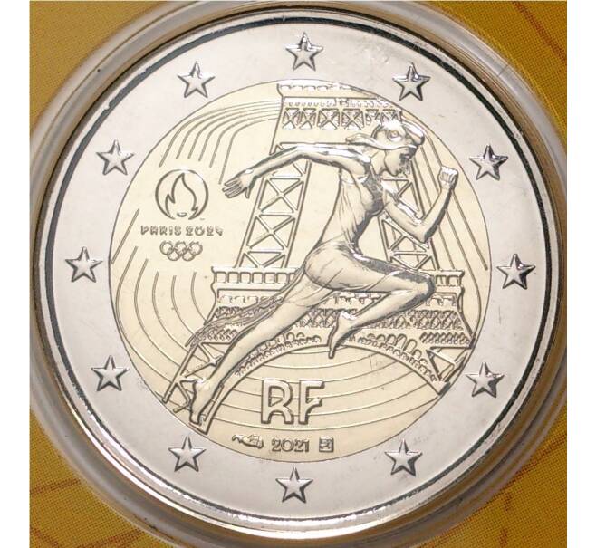 Монета 2 евро 2021 года Франция «XXXIII летние Олимпийские игры 2024 в Париже» (Желтый блистер) (Артикул M2-53085)