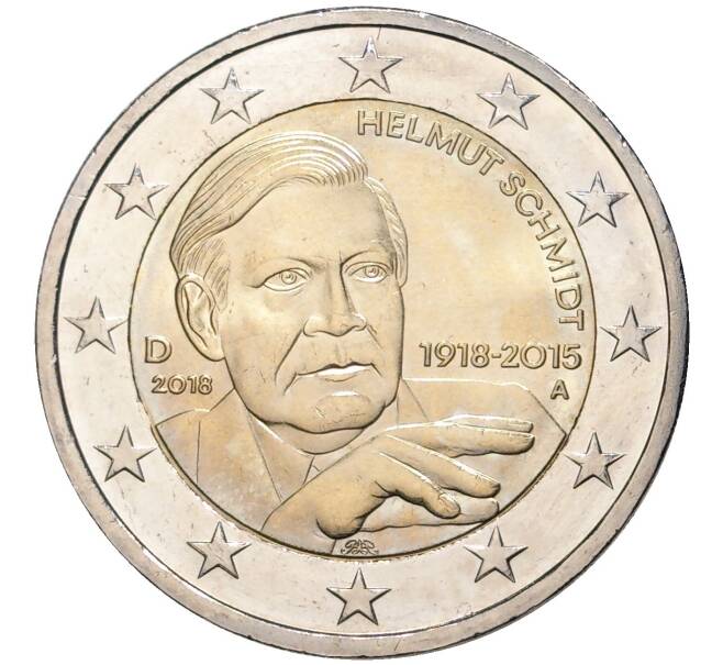 Монета 2 евро 2018 года А Германия «100 лет со дня рождения Гельмута Шмидта» (Артикул M2-7112)