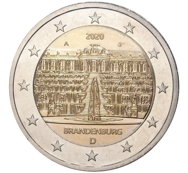 Монета 2 евро 2020 года A Германия «Федеральные земли Германии — Бранденбург (Дворец Сан-Суси в Потсдаме)» (Артикул M2-33844)