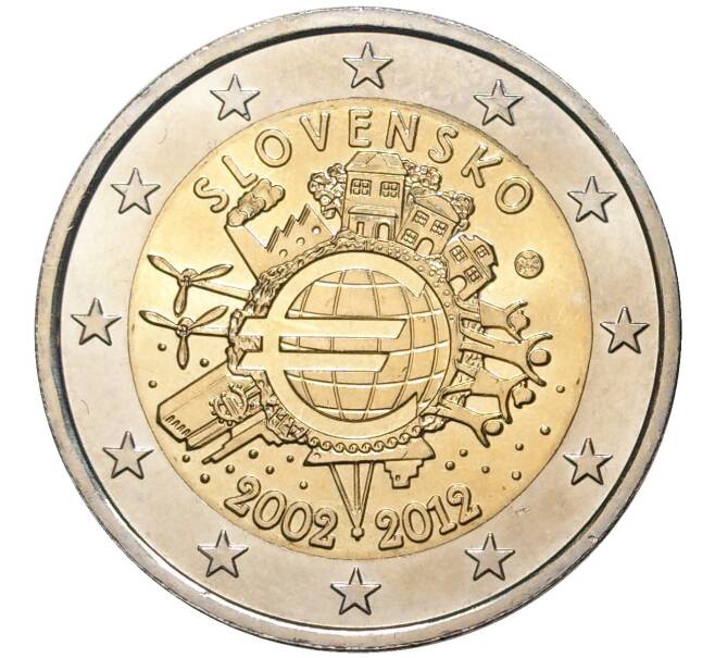 Монета 2 евро 2012 года Словакия «10 лет евро наличными» (Артикул M2-5667)