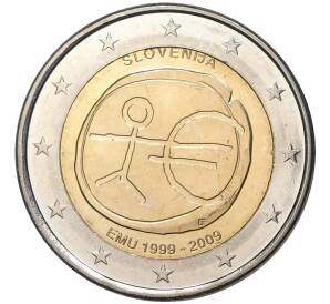 2 евро 2009 года Словения «10 лет монетарной политики ЕС и введения евро»
