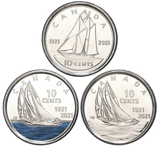 Набор из 3 монет 10 центов 2021 года Канада «100 лет шхуне Bluenose» (Артикул M3-1020)