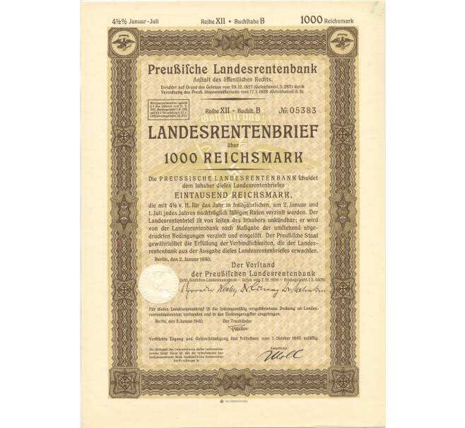 4 1/2% акция (облигация) 1000 рейхсмарок 1940 года Германия (Артикул B2-8658)