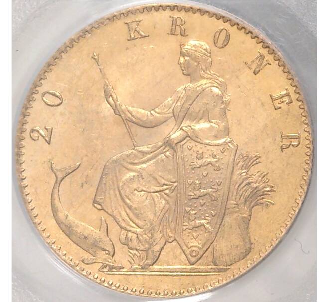 Монета 20 крон 1877 года Дания — в слабе PCGS (MS63) (Артикул M2-54324)