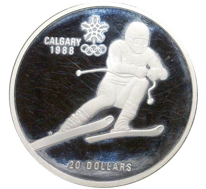 Монета 20 долларов 1985 года Канада «XV зимние Олимпийские Игры 1988 в Калгари — Горные лыжи» (Артикул K11-5216)