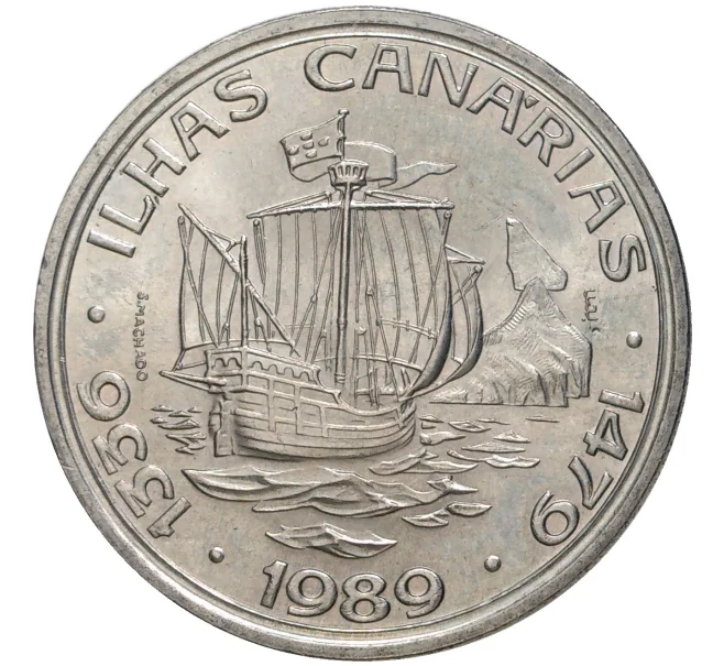 Монета 100 эскудо 1989 года Португалия «Золотой век открытий — Открытие Канарских островов» (Артикул K27-80046)