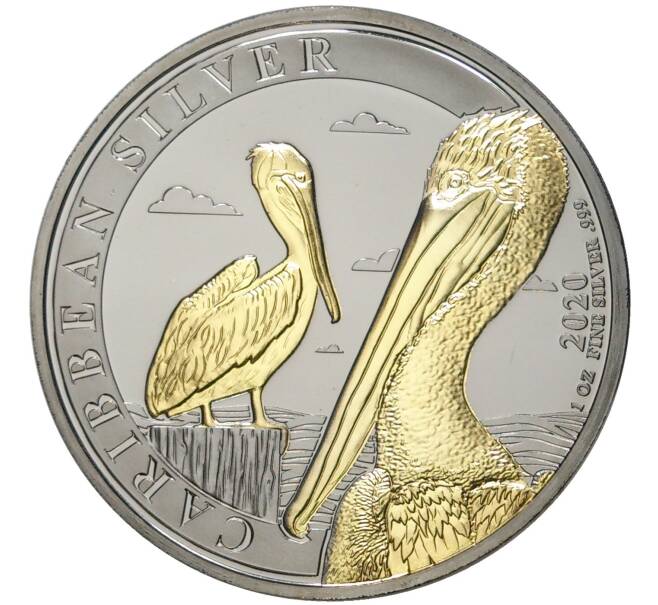 Монета 1 доллар 2020 года Барбадос «Пеликан» (Покрытие из рутения + позолота) (Артикул M2-56458)