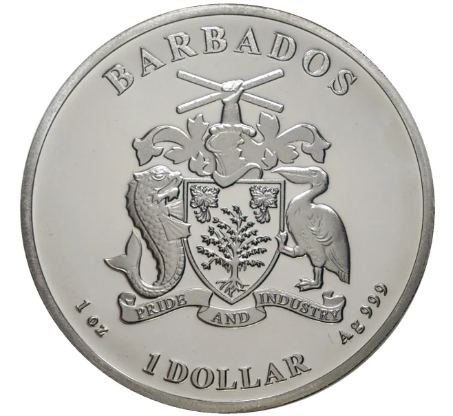 Монета 1 доллар 2020 года Барбадос «Пеликан» (Покрытие из рутения + позолота) (Артикул M2-56458)