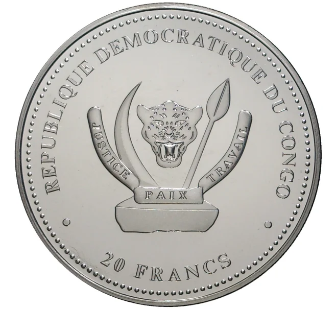 Монета 20 франков 2020 года Конго (ДРК) «Хищники — Тигр» (Покрытие из рутения + позолота) (Артикул M2-56459)