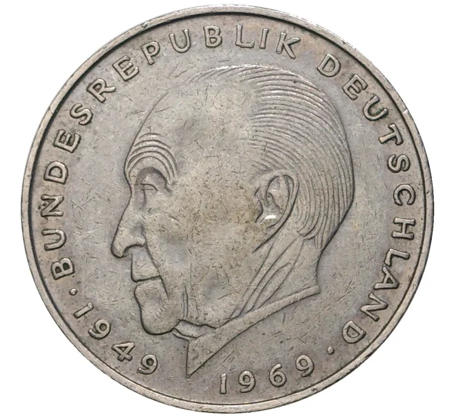Монета 2 марки 1970 года D Западная Германия (ФРГ) «Конрад Аденауэр» (Артикул K11-71060)