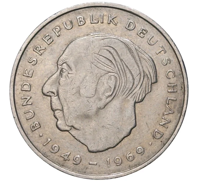 Монета 2 марки 1976 года J Западная Германия (ФРГ) «Теодор Хойс» (Артикул K11-71244)