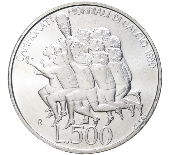 Монета 500 лир 1990 года Сан-Марино «Чемпионат мира по футболу 1990» (Артикул K27-80170)
