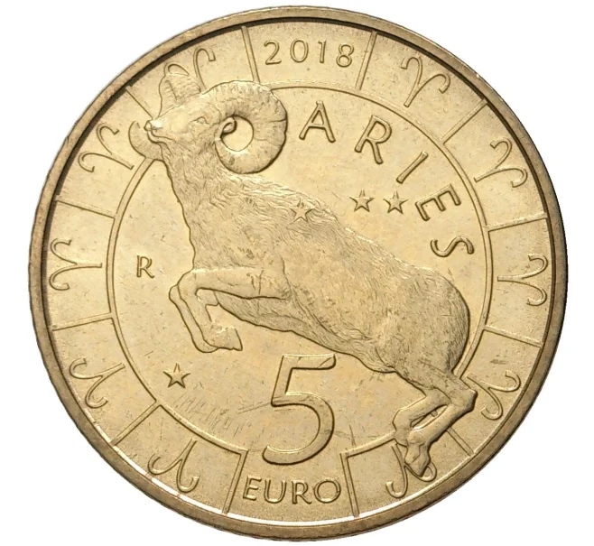 Монета 5 евро 2018 года Сан-Марино «Знаки зодиака — Овен» (Артикул K27-80182)
