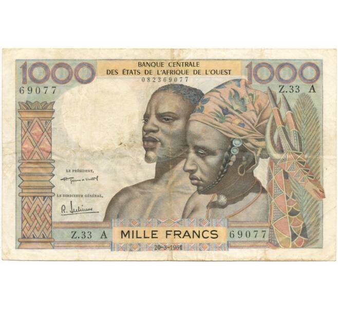 Банкнота 1000 франков 1961 года Западно-Африканский валютный союз — литера А (Кот-Д'Ивуар) (Артикул: K11-73088) — Фото №1