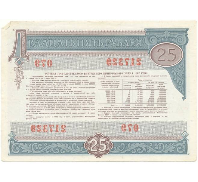 Облигация на сумму 25 рублей 1982 года Государственный внутренний выгрышный заем (Артикул K11-73135)