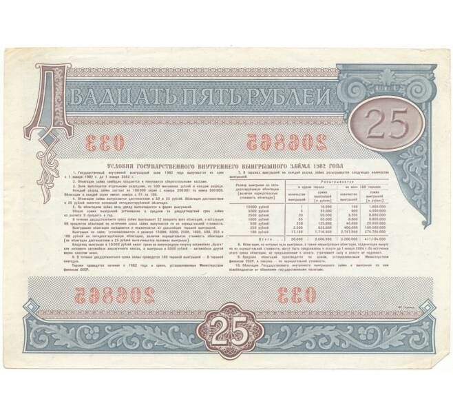Банкнота Облигация на сумму 25 рублей 1982 года Государственный внутренний выгрышный заем (Артикул K11-73136)