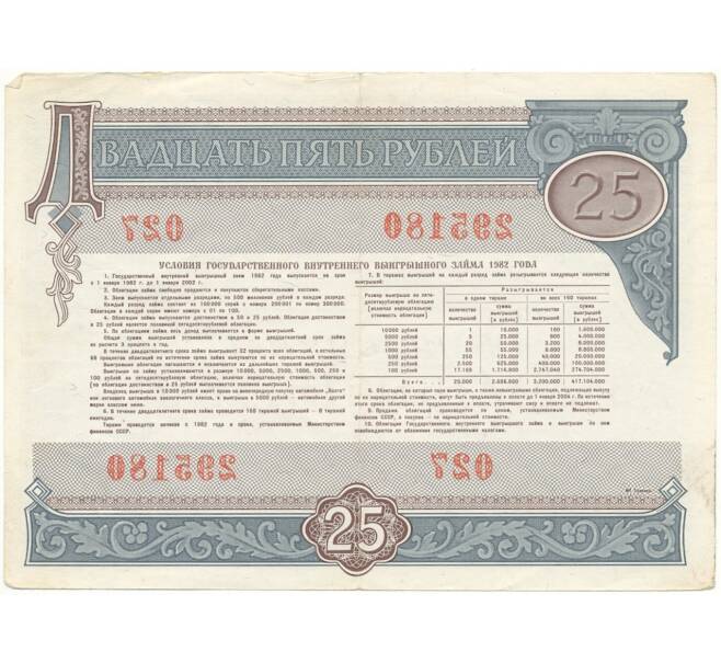 Облигация на сумму 25 рублей 1982 года Государственный внутренний выгрышный заем (Артикул K11-73144)