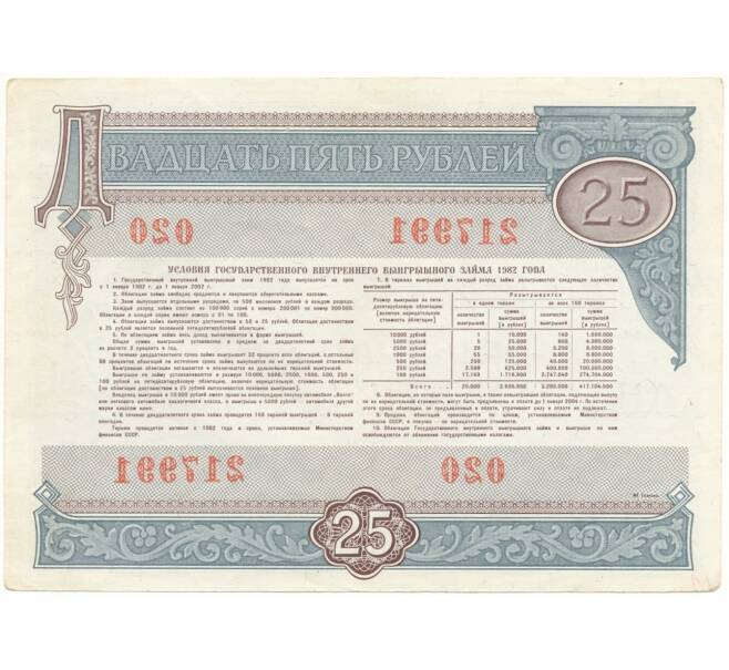 Облигация на сумму 25 рублей 1982 года Государственный внутренний выгрышный заем (Артикул K11-73147)