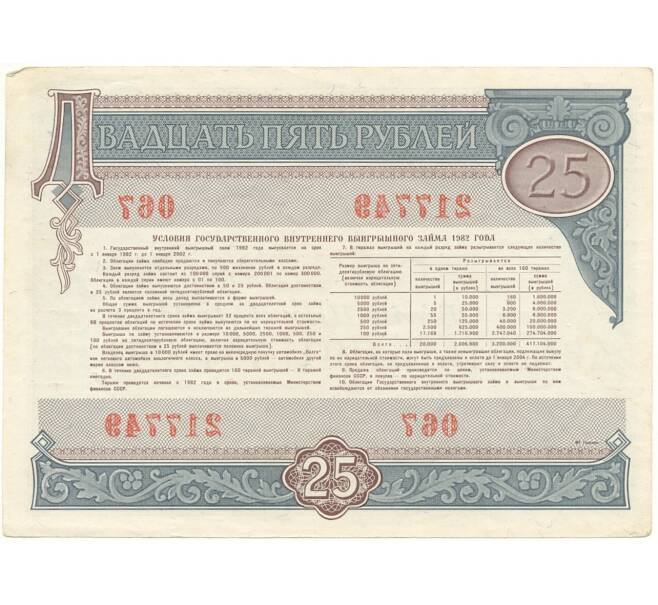 Банкнота Облигация на сумму 25 рублей 1982 года Государственный внутренний выгрышный заем (Артикул K11-73152)