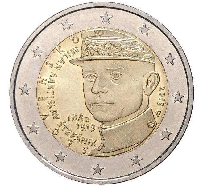 Монета 2 евро 2019 года Словакия «100 лет со дня смерти Милана Растислава Штефаника» (Артикул K27-80602)